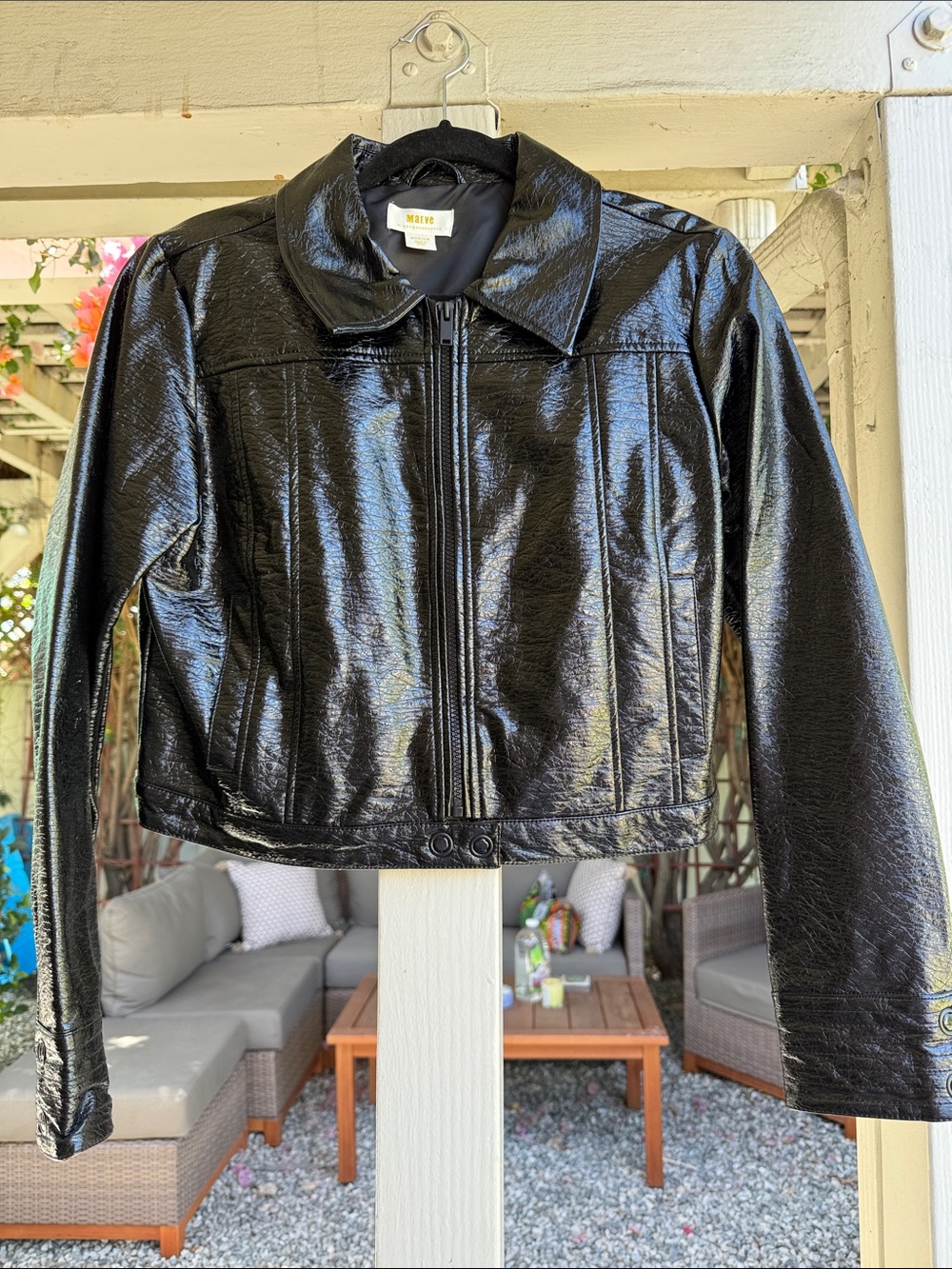 Maeve Black Glossy Patent Zip-Front Cropped Jacket